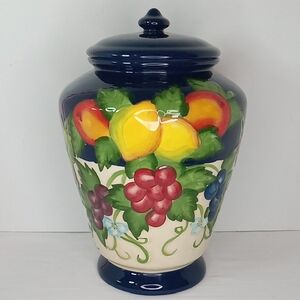 Vintage Large Nonni's Handpainted Fruit Print Lidded Ceramic Cookie Jar Canister